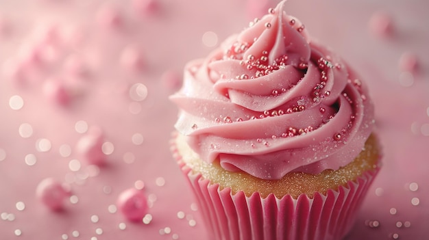 Pink frosted cupcake sparkling sugar soft focus background celebratory top view Generative AI