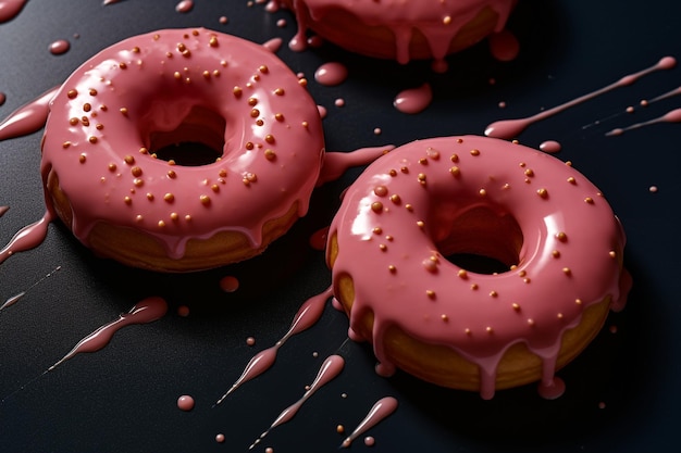 A pink frosted donut with pink glaze