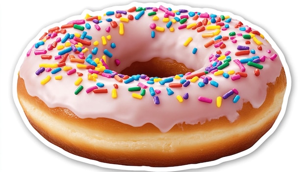 a pink frosted donut with pink icing and colorful sprinkles