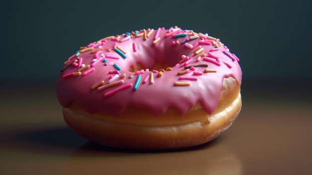 A pink frosted donut with sprinkles on it