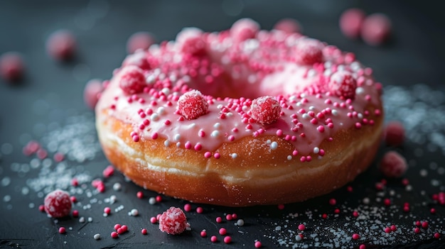 Pink frosted donut with sugary sprinkles creating an appetizing and eyecatching treat