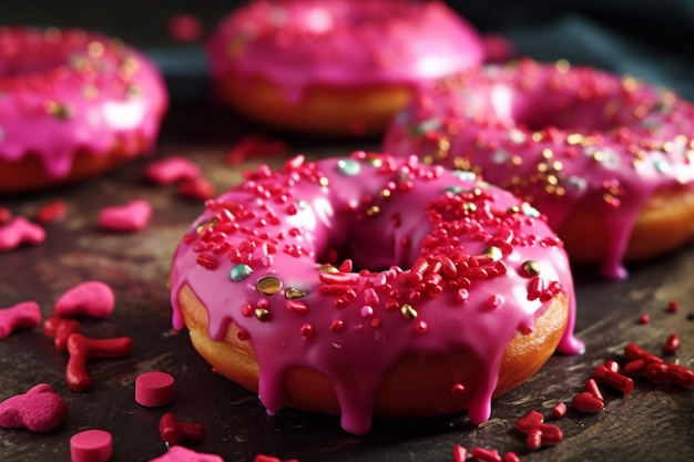 Pink frosted donuts with sprinkles and pink hearts on a table generative ai