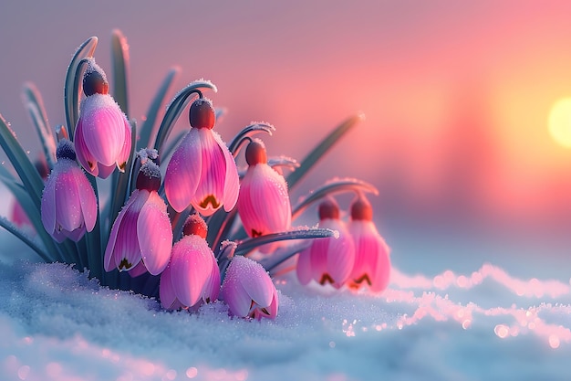 Pink Frosted Flowers in Snowy Sunrise Ideal for Nature Appreciation Seasonal Cards Posters