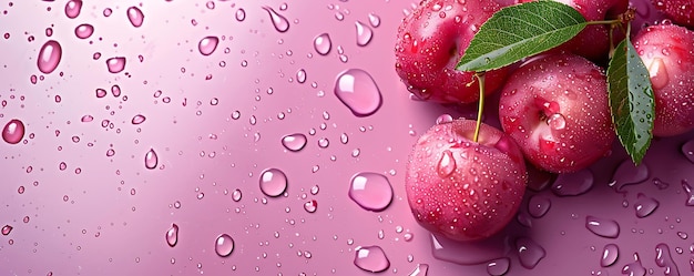 a pink fruit that has water drops on it