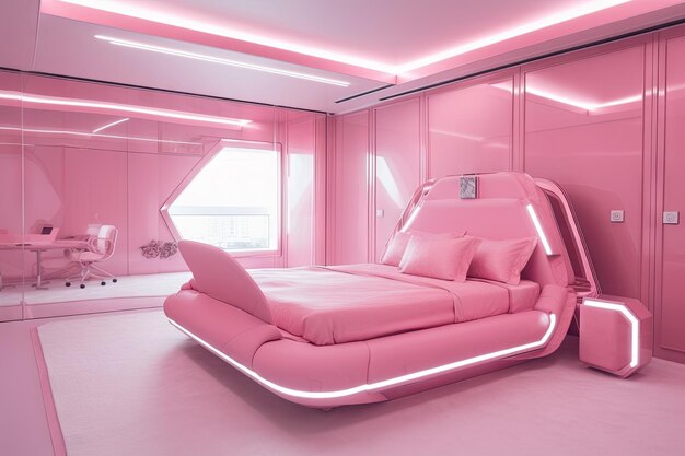 Pink futuristic bedroom with metallic accents and floating bed