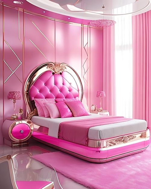 Pink futuristic bedroom with metallic accents and floating bed