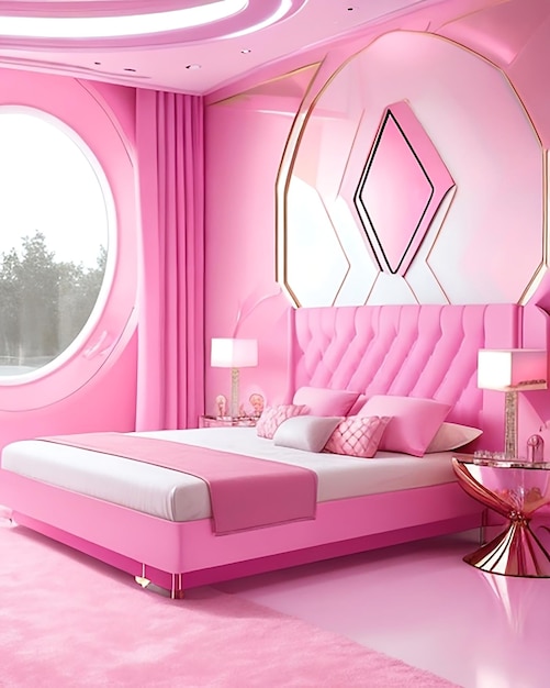 Pink futuristic bedroom with metallic accents and floating bed