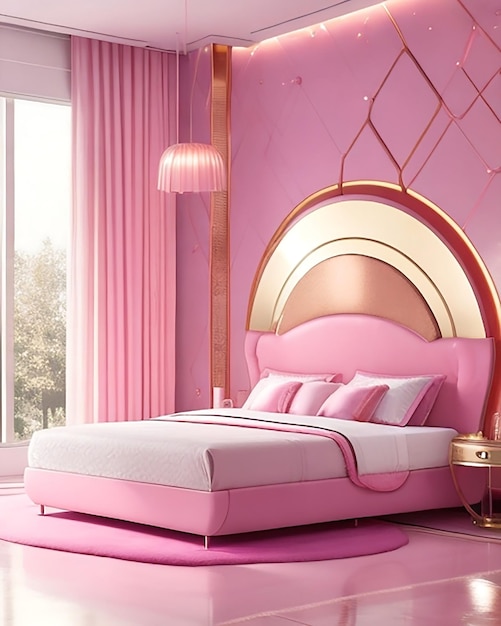 Pink futuristic bedroom with metallic accents and floating bed