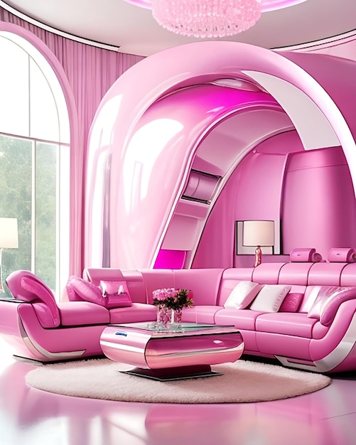 Pink futuristic living room with ai generated and living room