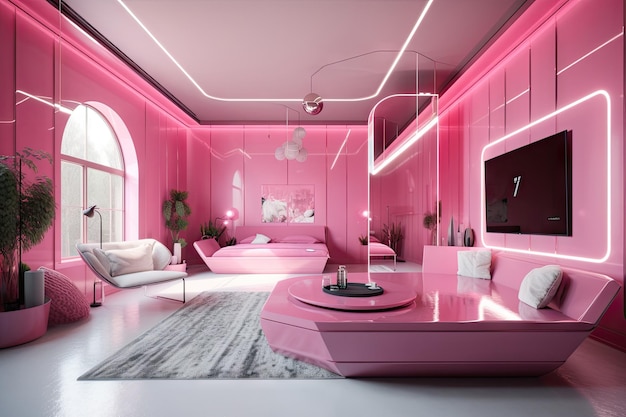 Pink futuristic room with floating holographic displays metallic accents and sleek design