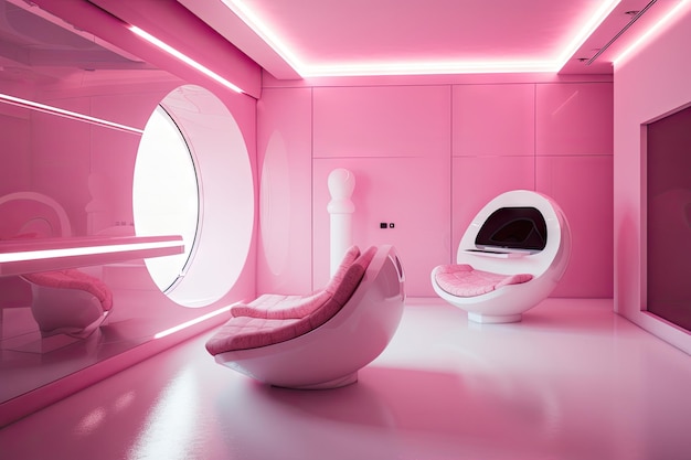 Pink futuristic room with hightech gadgets and sleek furniture