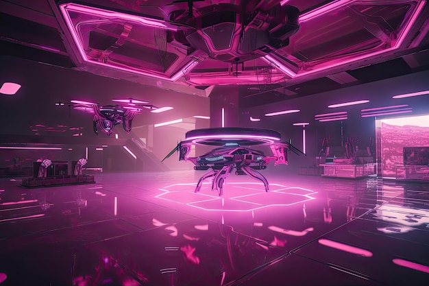 Pink futuristic setting with holographic interface and flying drones