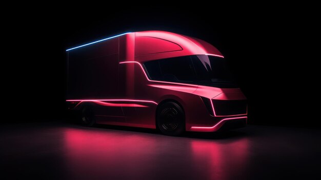 A pink futuristic truck with bright neon accents on a black background