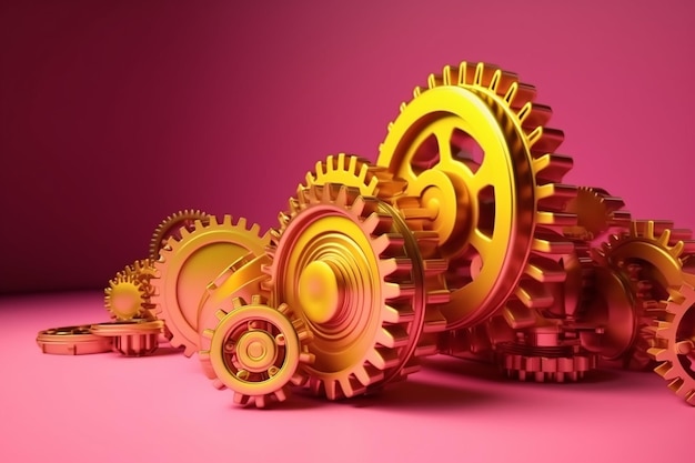 Pink Gears and Cogs in Motion on a Yellow Background