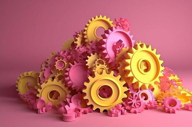 Pink Gears and Cogs in Motion on a Yellow Background