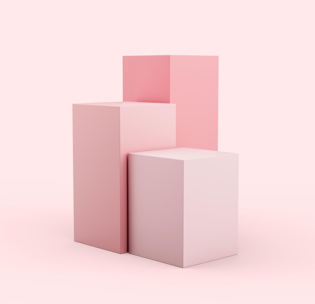 Pink geometric cubes stands and empty walls realistic 3d illustration Minimalist blank scene with