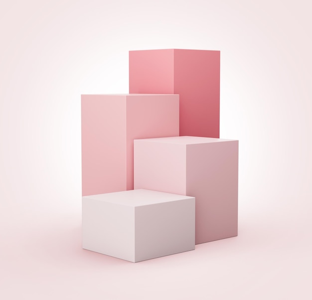 Pink geometric cubes stands and empty walls realistic 3d illustration Minimalist blank scene