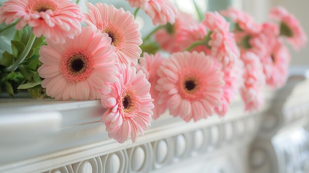 Pink Gerbera Daisies on Classic White Mantelpiece Generative Ai