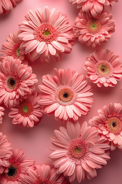 Pink gerbera daisies on a pastel pink background topdown view bright natural light