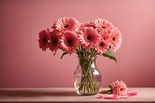 Pink gerbera flowers in a vase on table ai generative