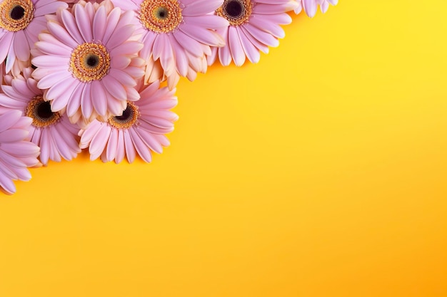 Pink gerbera flowers on yellow background Space for text