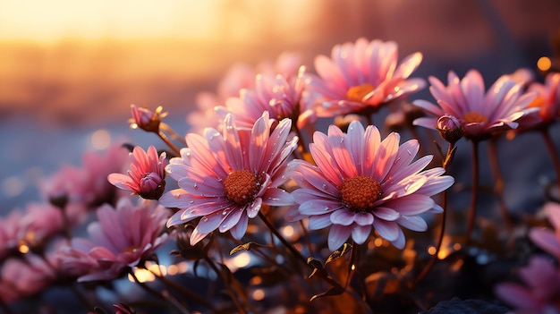 Pink gerberas flowers field with sunset Generative AI