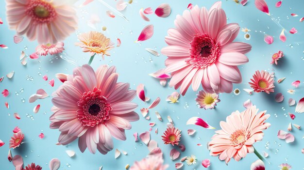 Photo pink gerberas and other beautiful flowers flying on light background