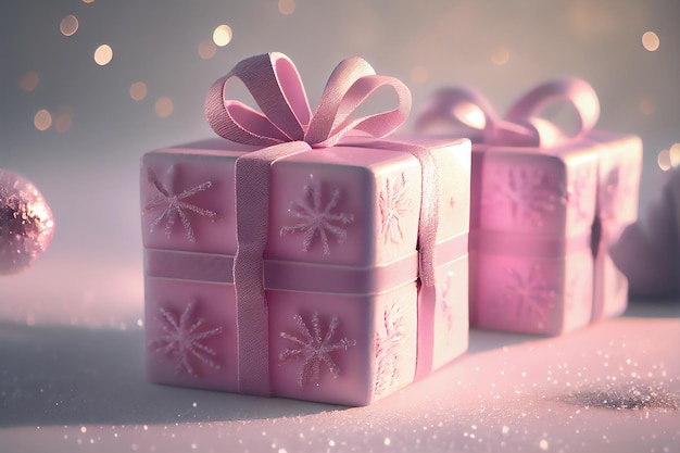 Pink Gif Boxes with Bow on Bokeh Background Generative AI