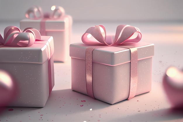 Pink Gif Boxes with Bow on Bokeh Background Generative AI