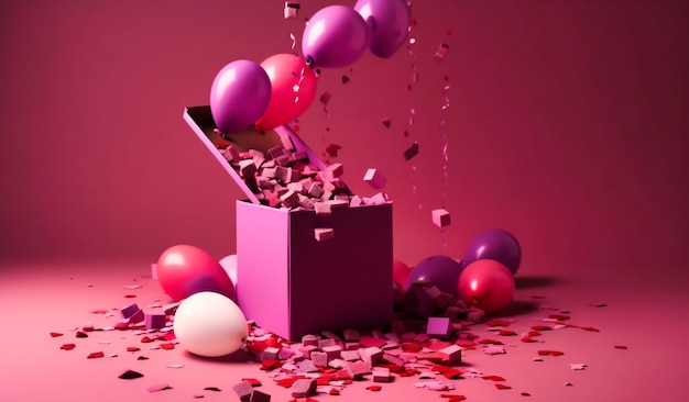 Pink gift box confetti and balloons on a white background