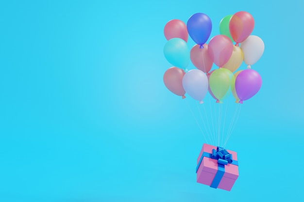 Pink gift box floating by balloons on blue pastel background, 3D rendering.