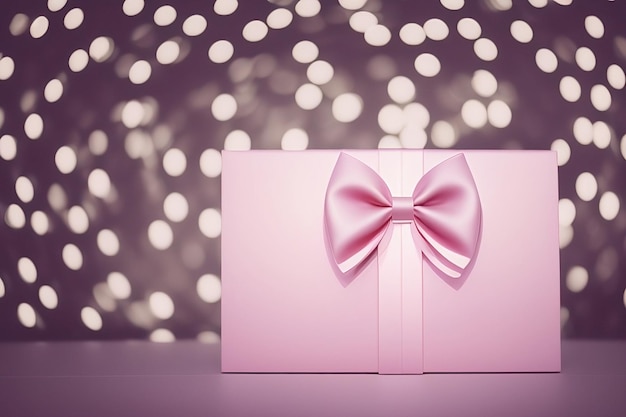 A pink gift box with a bow on the front and a white bokeh in the background.