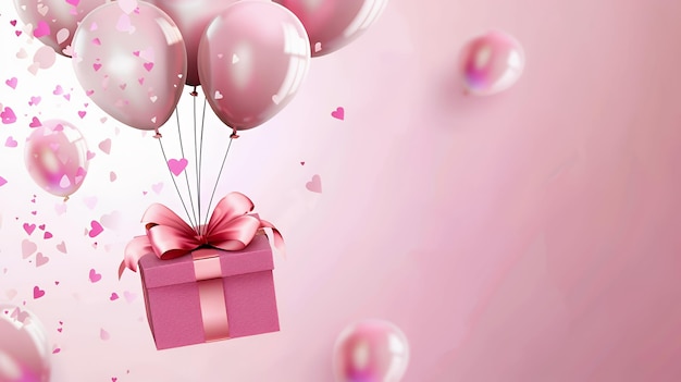 Pink gift box with bow tied with pink ribbon and pink balloons with pink hearts floating up on a pink background