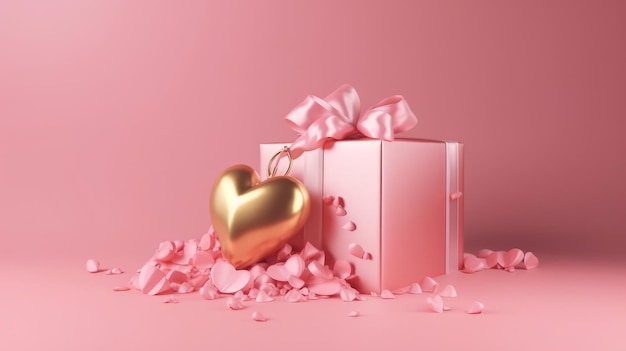 Pink gift box with gold ribbon and heart generative ai