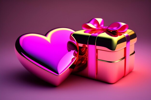 pink gift box with gold ribbon and heart valentine love concept on pink background