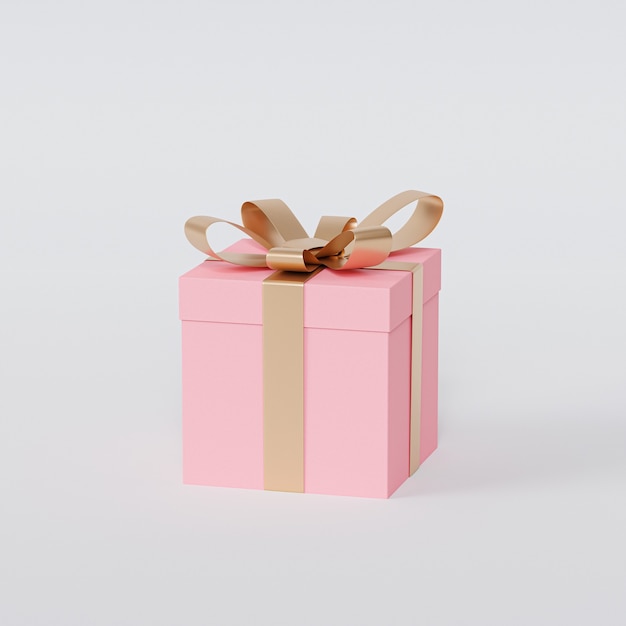 Pink gift box with golden ribbon on white background, 3d render