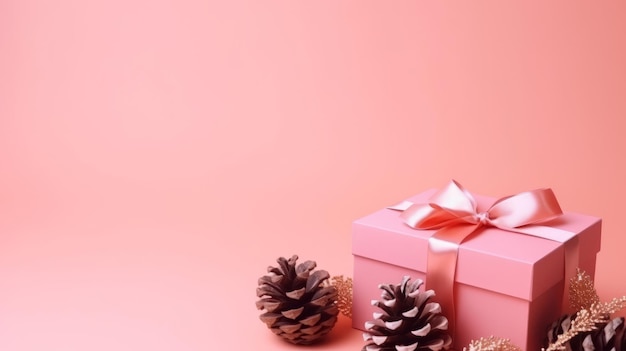 Pink gift box with pinecones Illustration AI GenerativexA