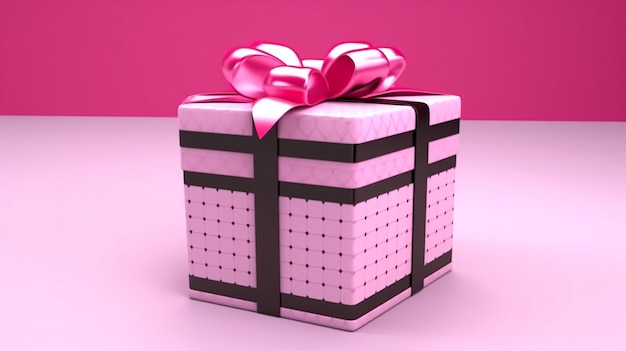 A pink gift box with a pink ribbon and a pink bow.