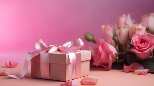 A pink gift box with a ribbon that says'love is in the air '