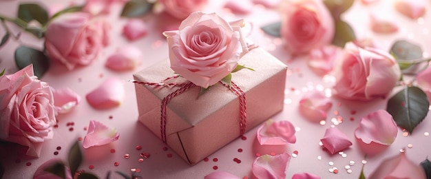 Pink Gift Box with Roses and Petals