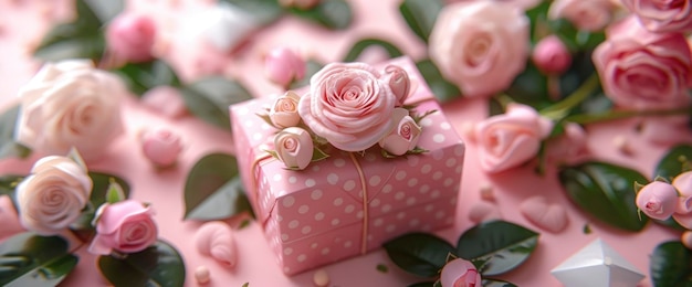 Pink Gift Box with Roses on a Pink Background