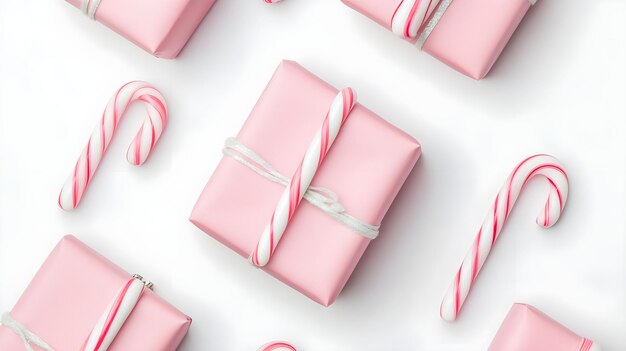 Photo pink gift boxes with candy canes festive holiday background