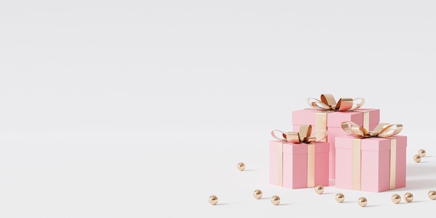 Pink gift boxes with golden ribbon on white background, 3d render