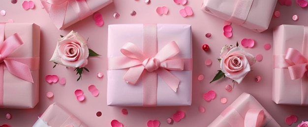 Pink Gift Boxes with Roses and Confetti on a Pink Background