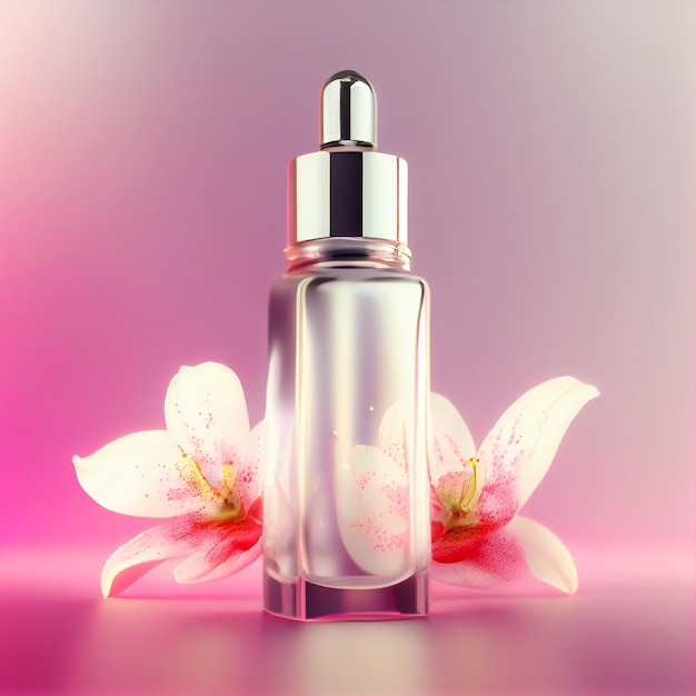 Pink Glass Elegant Perfume Bottle with Lily in Blossom Illustration Generative AI