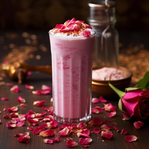 a pink glass of pink milk with flowers on the table