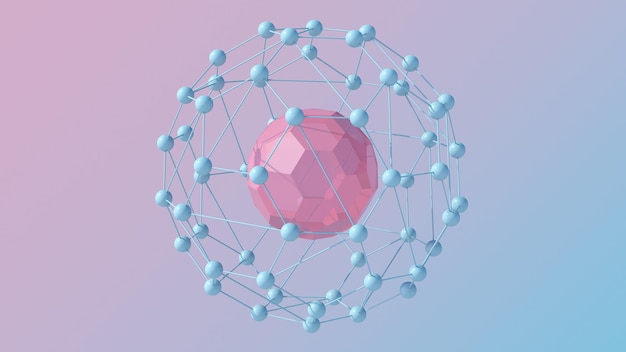 Pink glass polyhedron and blue mesh Abstract illustration 3d render