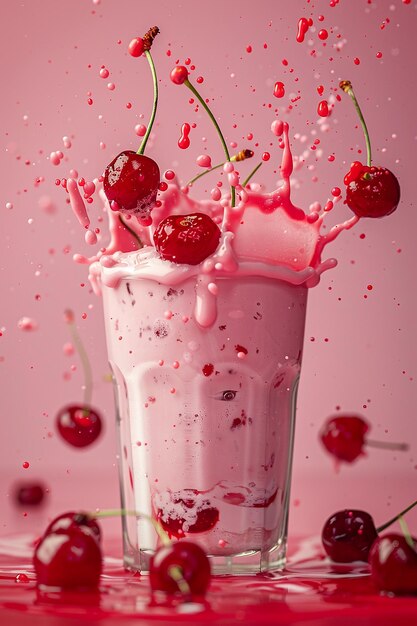 a pink glass with cherries inside of it and the words cherry on the bottom