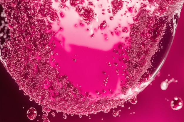 A pink glass with a heart shaped bubble in it