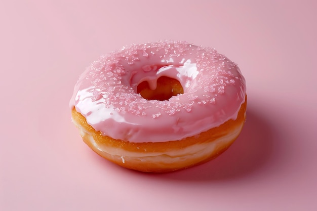 Pink glazed donut on pastel pink background